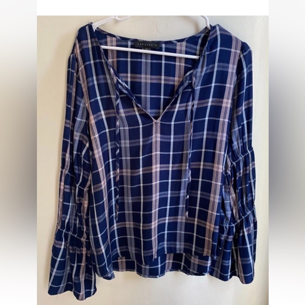Sanctuary Women’s Blouse With Tie Neck, Blue Plaid Long Bell Sleeves Size M